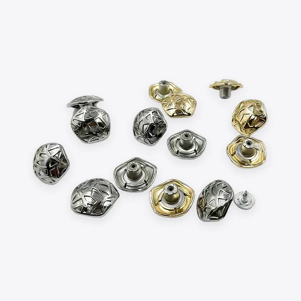 Irregular Pentagon-shaped Domed Swivel-shank Jeans Buttons with Crackle-line Engraving (Silver & Gold Tone)