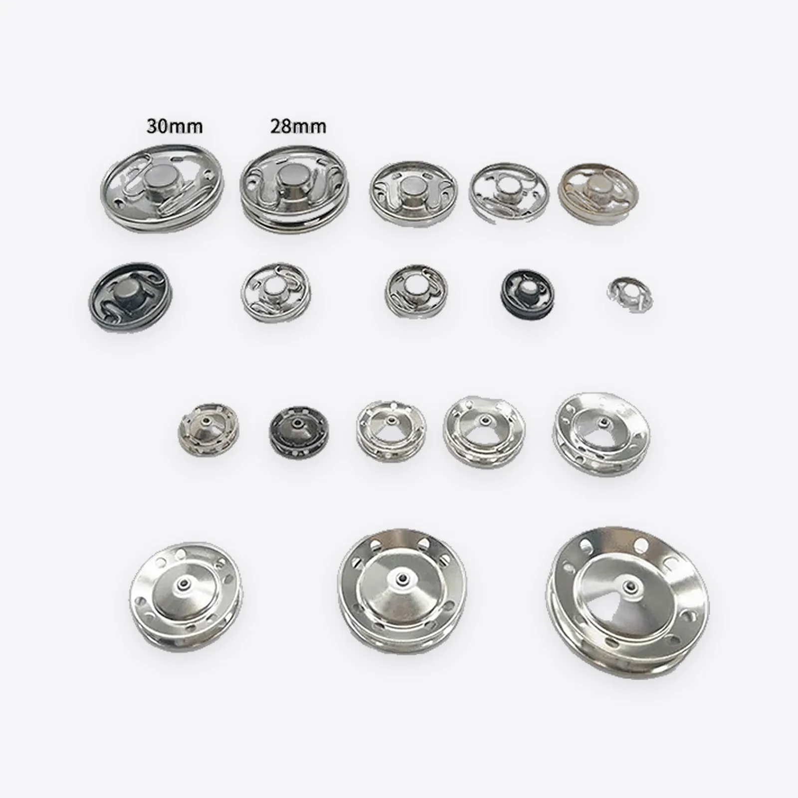Sew-on Metal Press Snap Fasteners (silver & black, assorted 6–30 mm)